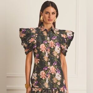 Aqua Blu Australia Tempest Vivien Top Floral Button Down Black Small Linen Silk